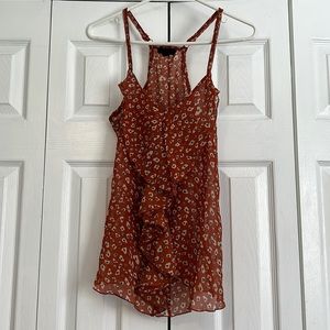 Burnt orange and teal, sheer, ruffle detail down the front